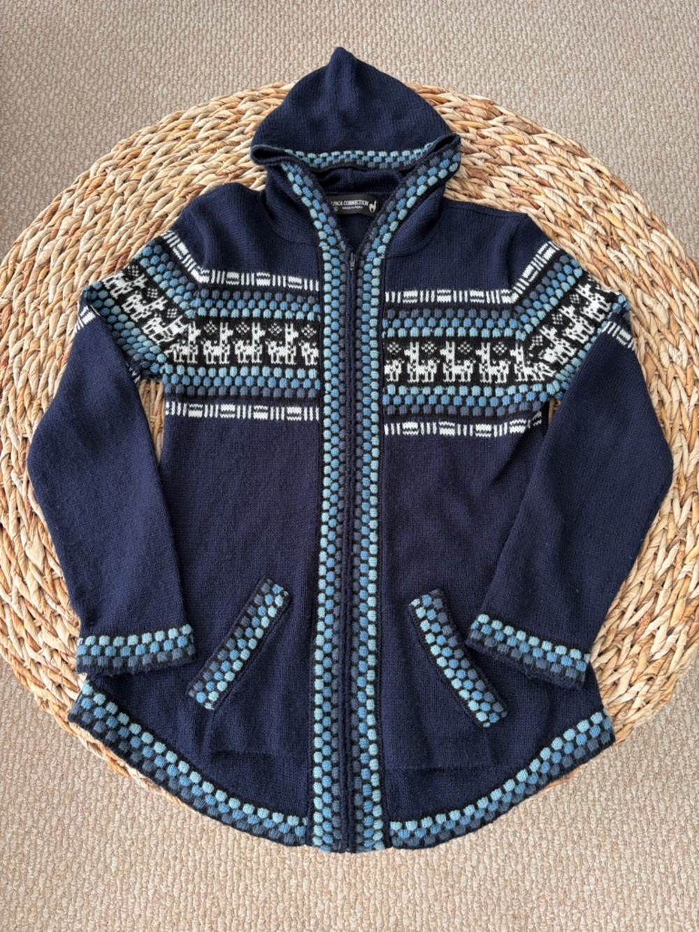 Alpaca Connection Fair Isle Zip Hoodie Sweater with Llama pattern